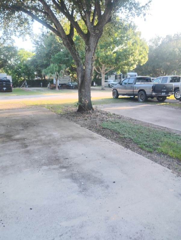 Concrete RV pad under a large oak tree with parking at Traveler's Paradise RV Park in Bay City, TX