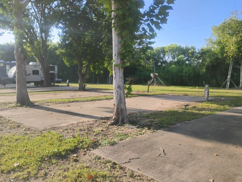 Concrete RV pads with utility pedestals and sycamore trees at Traveler's Paradise RV Park in Bay City, TX
