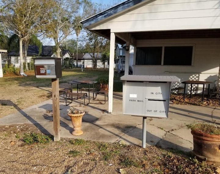 Mailbox area and seating at Traveler's Paradise RV Park